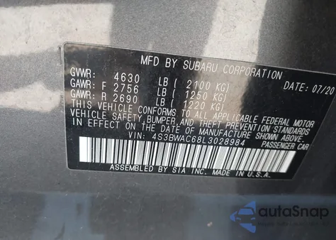 2020 Subaru Legacy Premium из США, поврежденный, VIN 4S3BWAC68L3028984